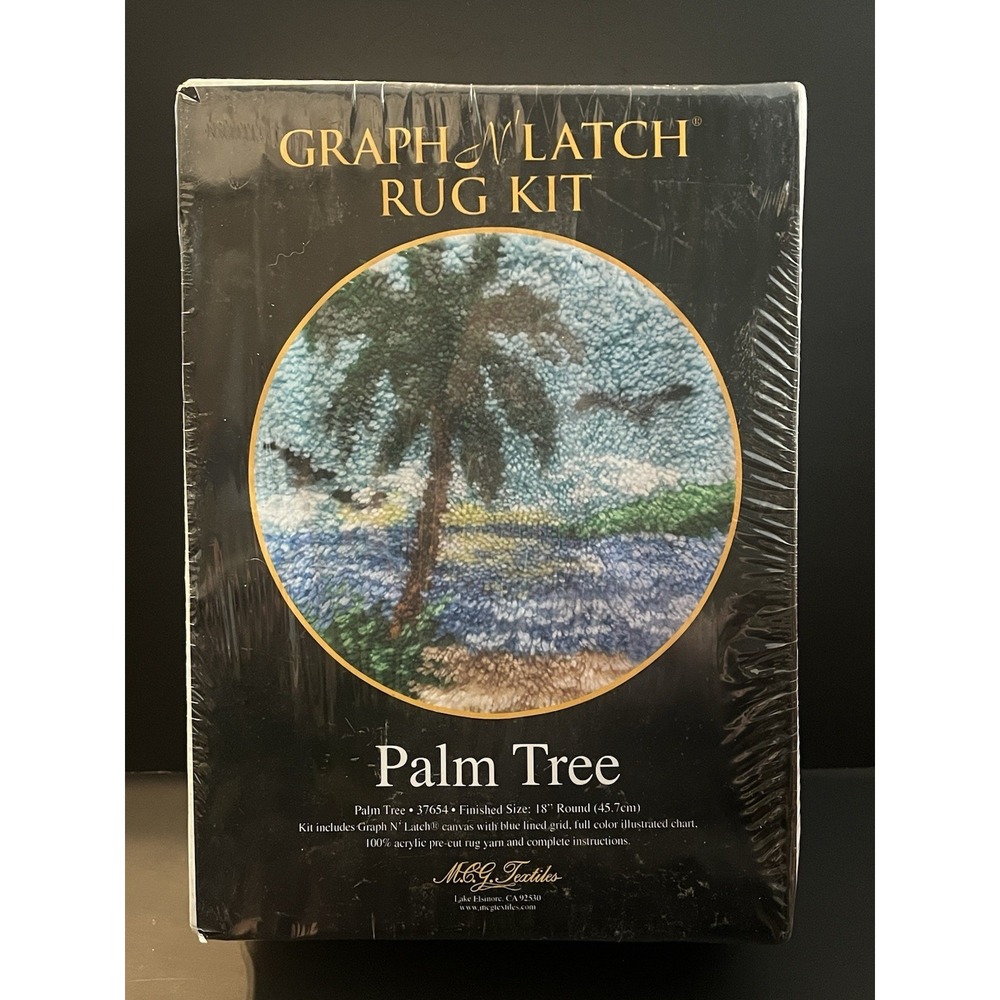Vintage 90s MCG Textiles Palm Tree Latch Hook Rug Kit Round 18"  Craft  NEW